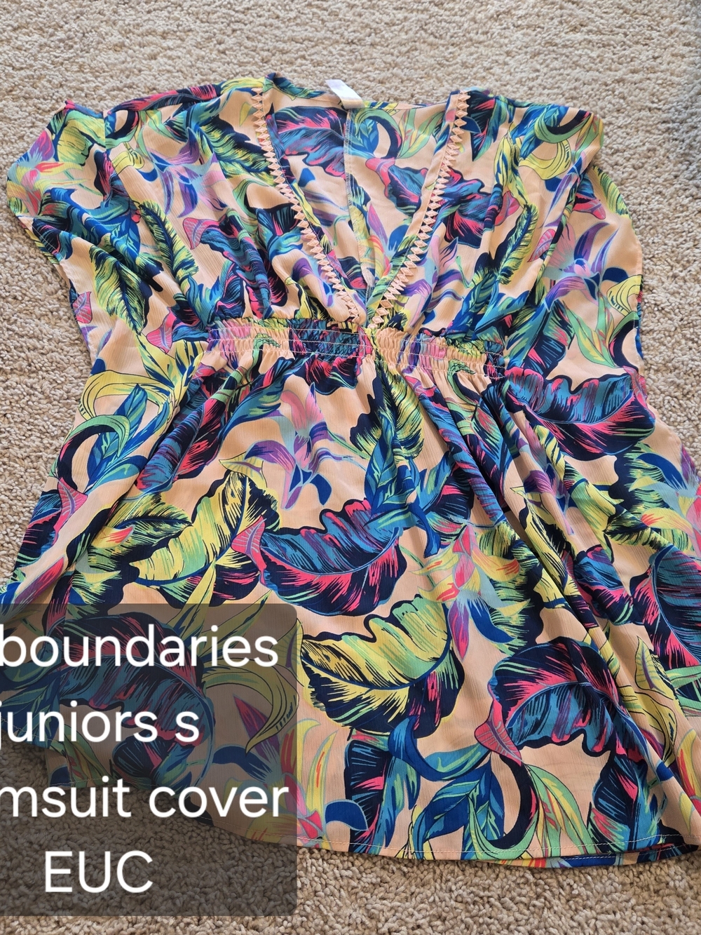 No Boundaries Peach Tropical-Print Swim Cover with Vibrant Leaves